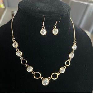 NEW Set of Necklace and Earrings, gold tone with clear rhinestones